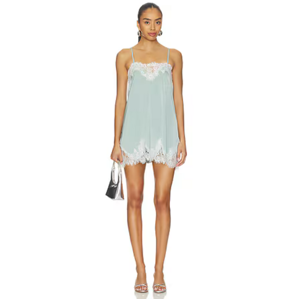 Lace-Trim Spaghetti Strap Mini Dress in Sage